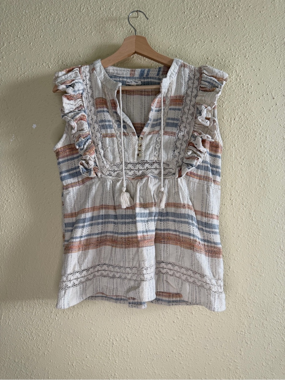 Boho Tie-Front Ruffle Camisole in Cream with Blue & Brown Stripes